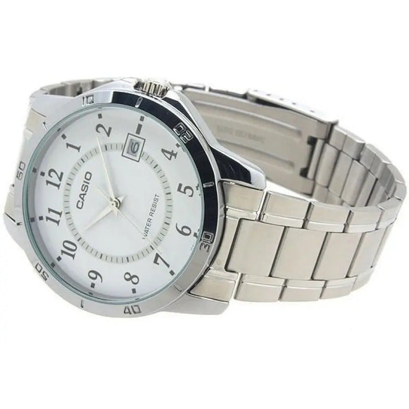 Reloj Pulsera Casio Mtp-v004d-7b Con Correa De Acero Inoxidable Color Plata - Fondo Blanco