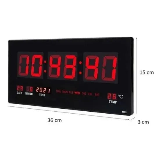 Reloj Digital Pared Luz Led Hora Fecha Temperatura 36x15cm Color De La Estructura Negro Color Del Fondo Negro