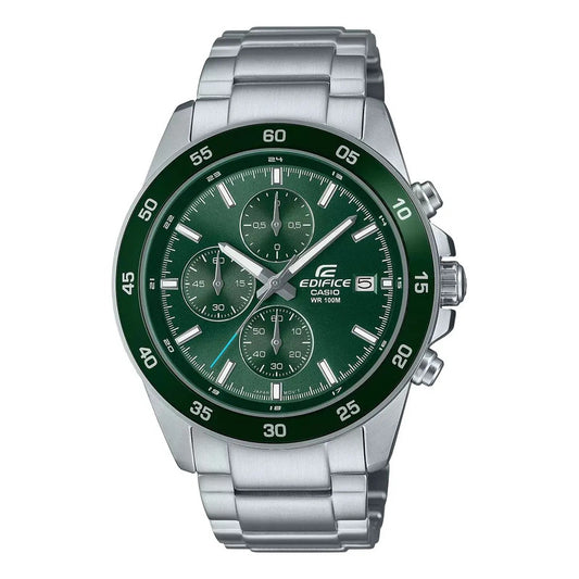 Reloj Casio Edifice Hombre Con Malla Plateada Y Fondo Verde Oscuro Plateado