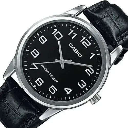 Reloj Pulsera Casio Mtp-v001l-1bu Con Correa De Cuero Color Negro - Bisel Plateado
