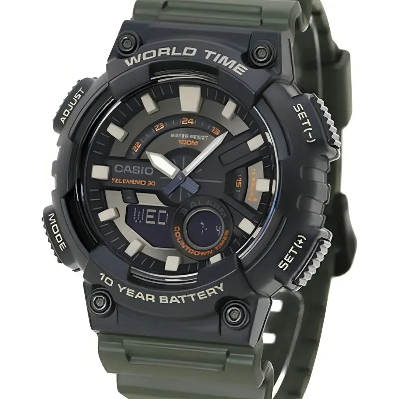 Reloj Casio Aeq-110w-3avdf Para Hombre, Color Verde Estándar, Color Verde Oscuro