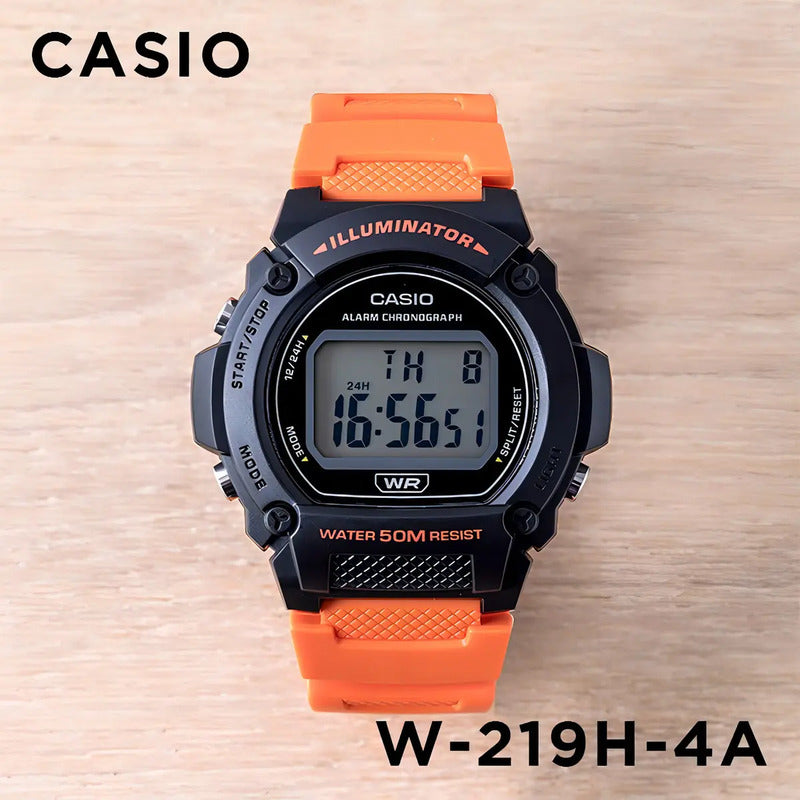 Reloj Casio W-219h-4a Naranja Wr 50m Cronometro Alarma Sumergible Negro