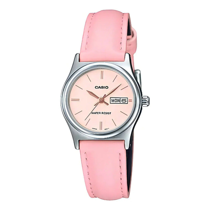 Reloj Casio Dress De Dama Ltp-v006l-4b Doble Fechador Color Rosa Y Plateado