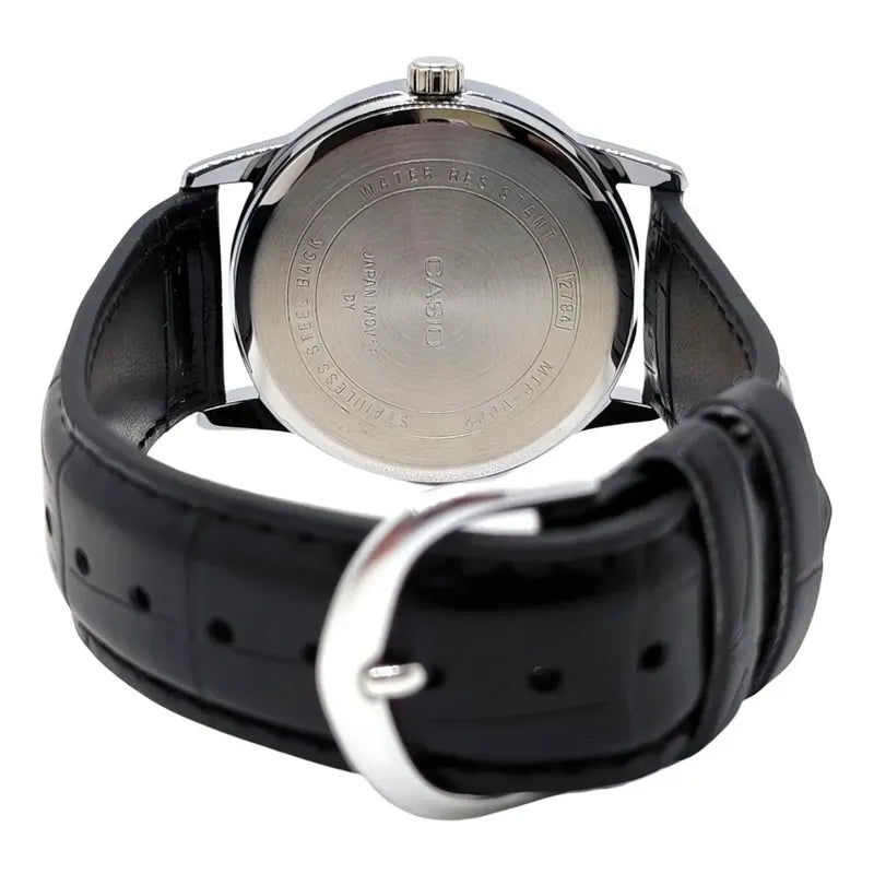 Reloj Pulsera Casio Mtp-v002l-1bu Con Correa De Cuero Color Negro - Bisel Plateado
