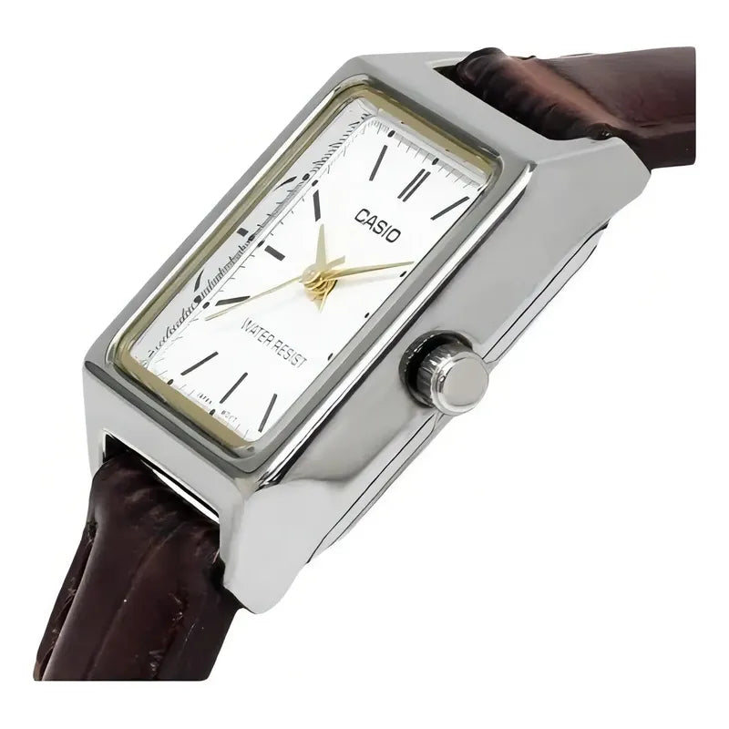 Reloj Casio Dama Modelo Ltp-v007l-7e2 Piel Café Carátula Blanca Plateado Blanco