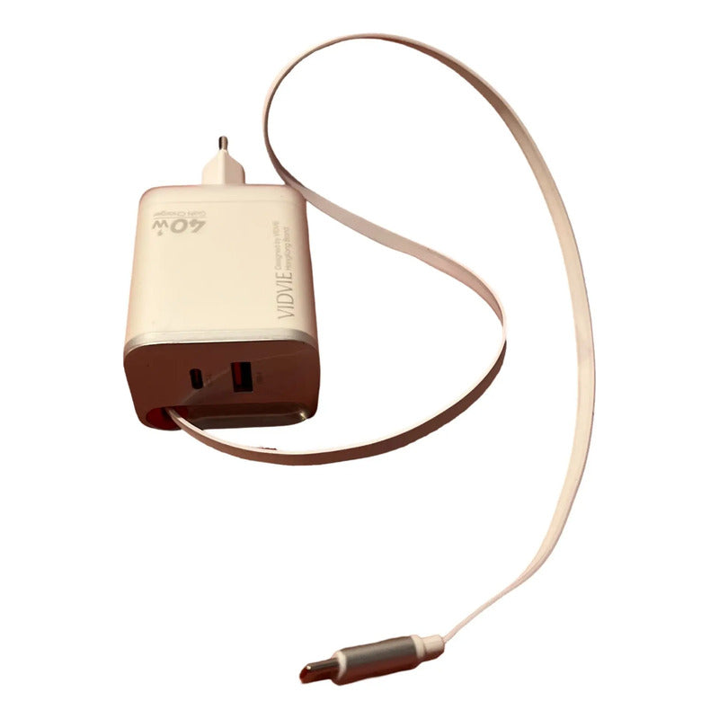 Cargador Telf 40w Carga Rapida Cable Retractil  + 2 Puertos Blanco