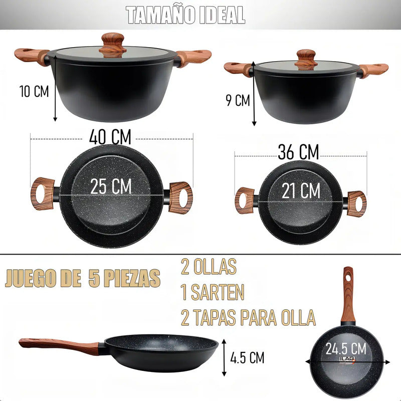 Juego De Ollas De Granito Antiadherente De 5 Piezas Keep Para Inducción Negro