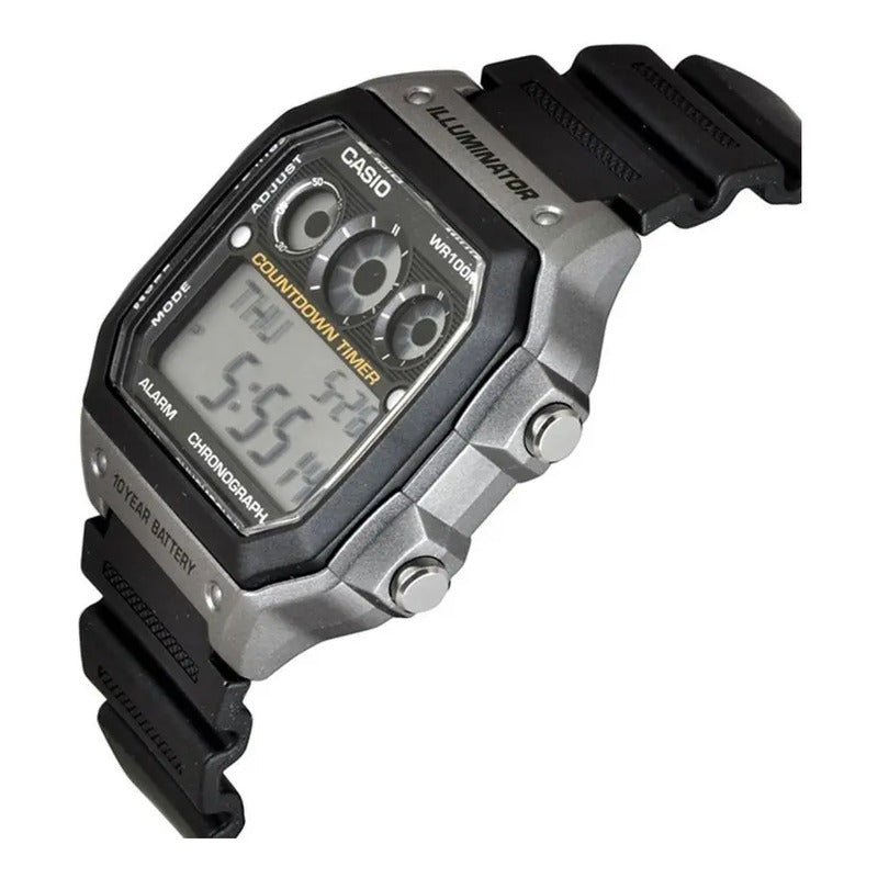 Reloj Casio Ae1300 29 Zonas Horarias 9 Temporizadores Correa Gris Oscuro Bisel Rojo/negro Fondo Negro