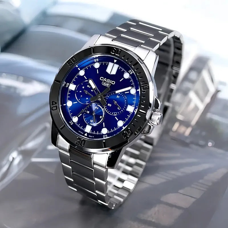 Reloj Casio Mtp-vd300d De Hombre, Con Cronógrafo Y Fondo Azul Plateado