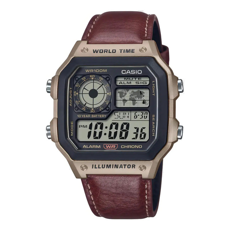 Casio Reloj Hombre Sumergible Ae-1200whl-5 Malla Cuero Marrón Dorado Oscuro Gris