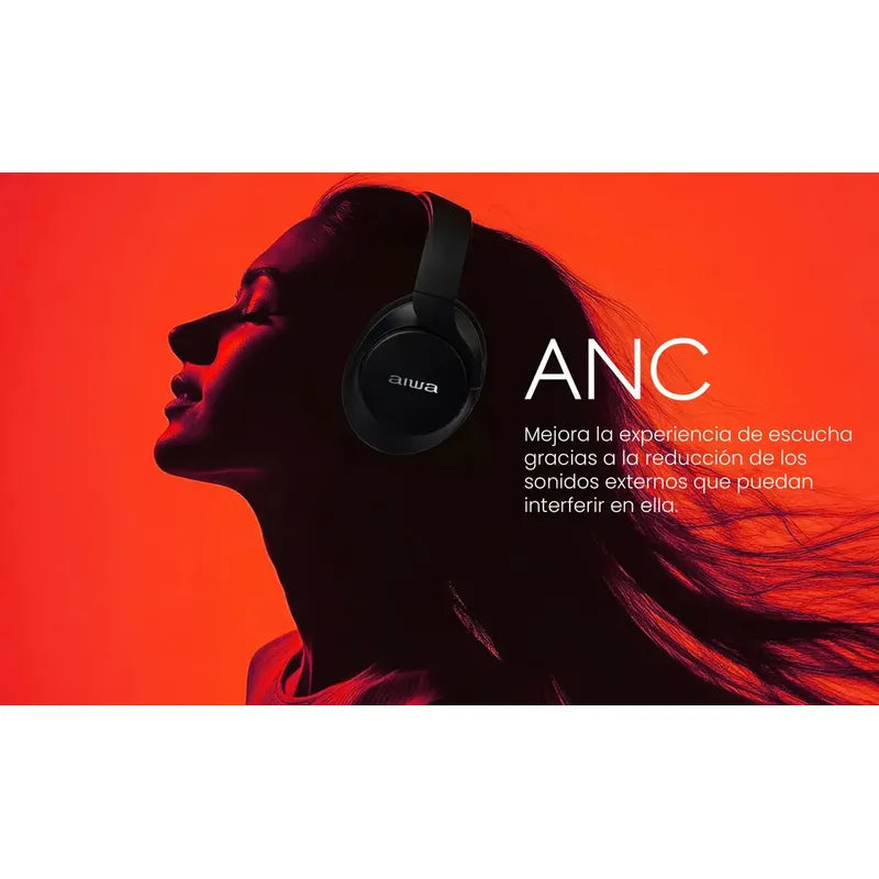 Audifonos Bluetooth Over Ear Aiwa Noise Cancelling Knc1090l Color Negro Luz Azul