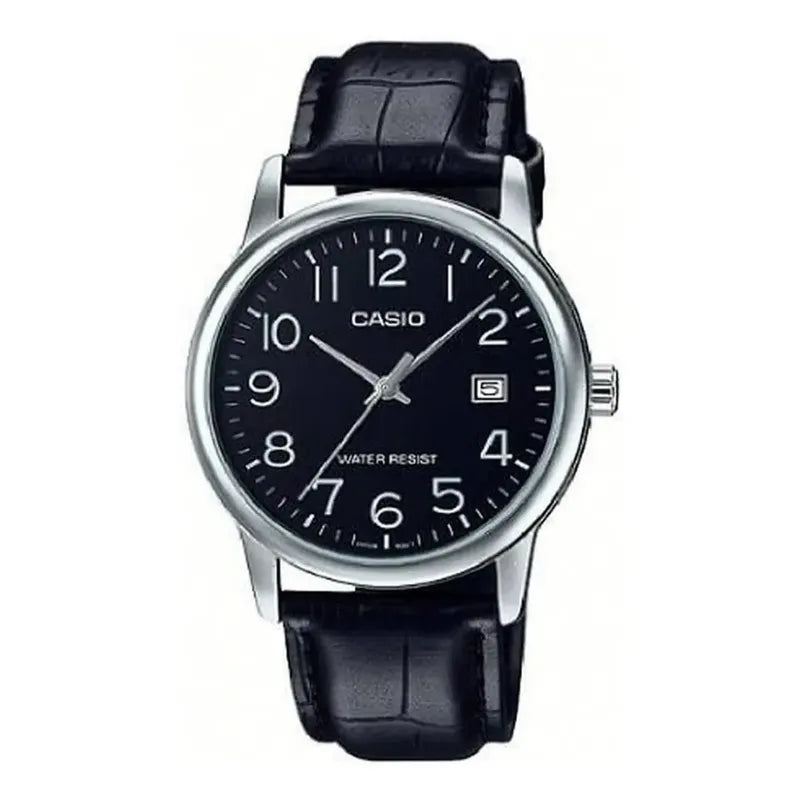Reloj Pulsera Casio Mtp-v002l-1bu Con Correa De Cuero Color Negro - Bisel Plateado