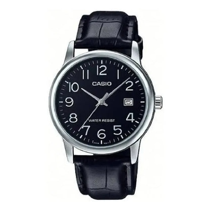 Reloj Pulsera Casio Mtp-v002l-1bu Con Correa De Cuero Color Negro - Bisel Plateado