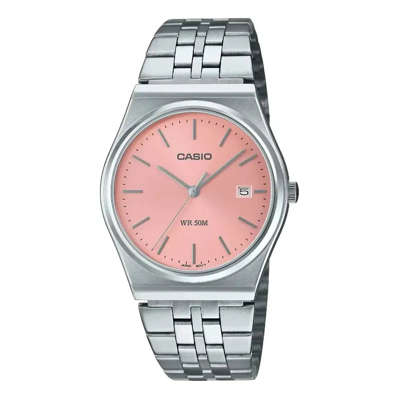 Reloj Casio Mtp-b145dc Acero Inoxidable Unisex. Correa Plateado Bisel Plateado Fondo Rosa