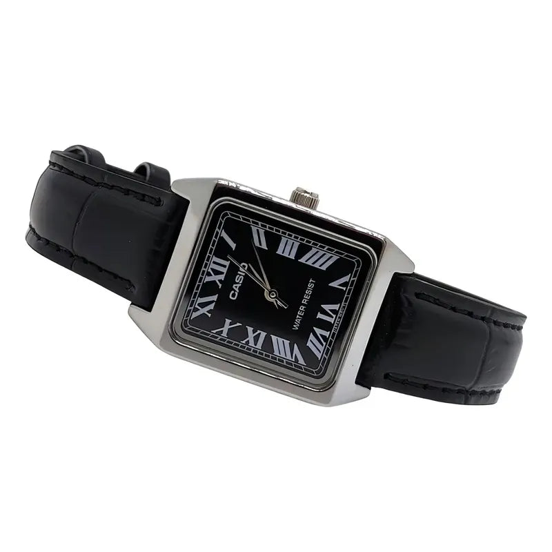 Reloj Casio Dama Correa Piel Genuina Ltp-v007l-1bu Negro Plateado