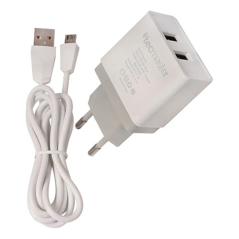 Cargador De Pared Tecmaster Con 2 Puertos Y Cable Micro-usb De Carga Rápida Blanco