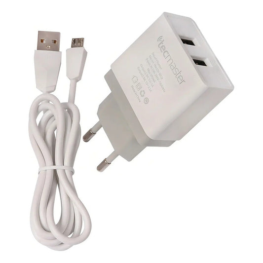 Cargador De Pared Tecmaster Con 2 Puertos Y Cable Micro-usb Blanco