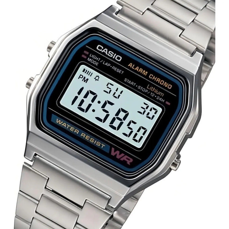 Reloj Retro Casio A158wa-1 Relojesymas Correa Plateado Bisel Plateado Fondo Gris