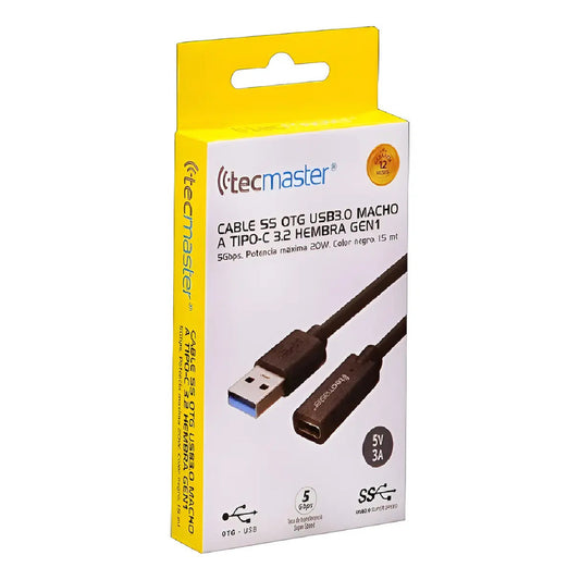 Cable Otg Usb Macho 3.0 A Tipo-c Hembra 1.5mts Tm-200546 Negro