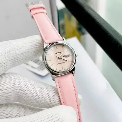 Reloj Casio Dress De Dama Ltp-v006l-4b Doble Fechador Color Rosa Y Plateado