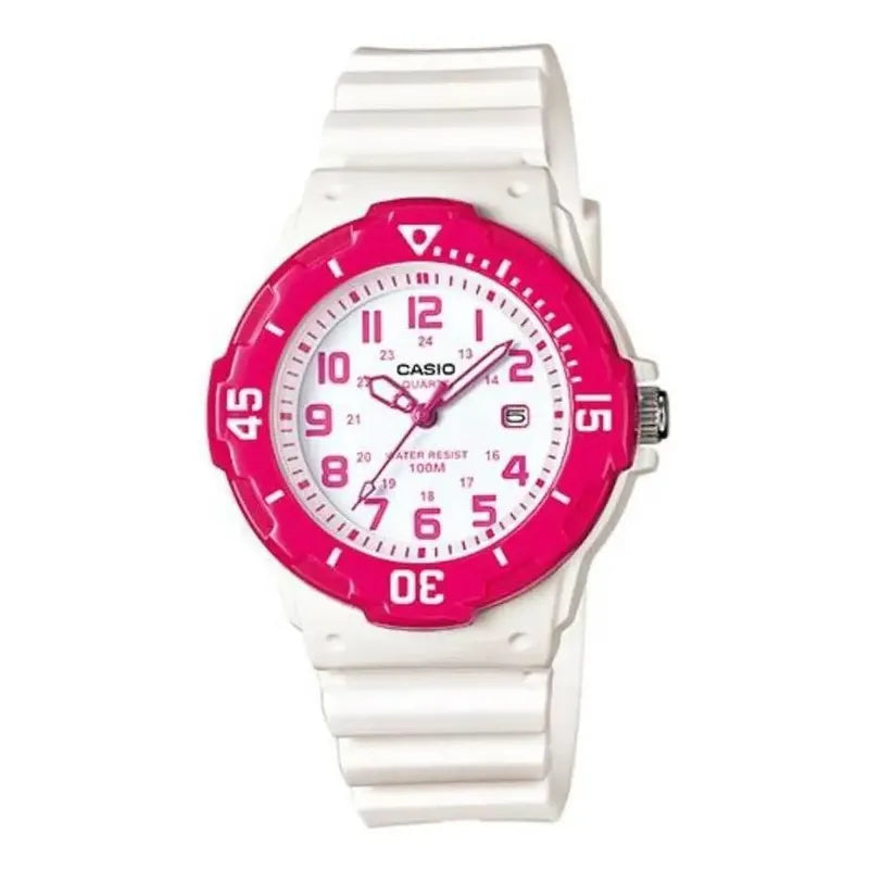 Reloj Casio Analógico Para Mujer Lrw-200h-4bv Blanco Con Detalles Fucsia