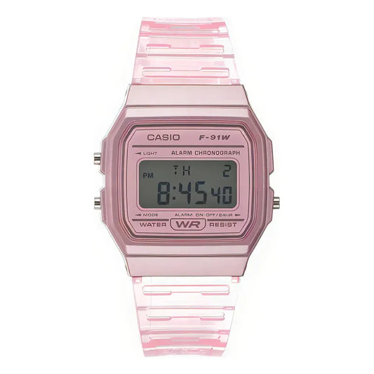 Reloj Casio F91ws Skeleton Unisex Vintage Colores Facturado Color Del Fondo Rosa Chicle Color De La Correa Rosa Chicle Color Del Bisel Rosa Chicle