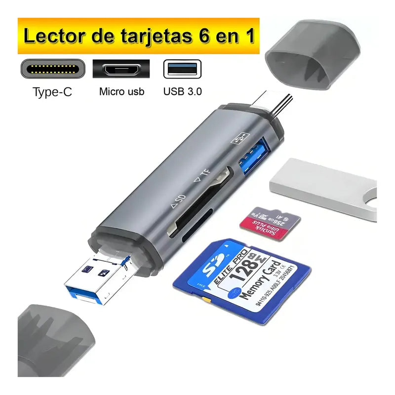 Lector De Tarjetas De Memoria Usb C Adaptador Otg Usb 6 En 1 Gris Espacial