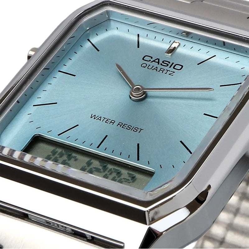 Reloj Casio Vintage Digital De Cuarzo Con Cronógrafo Y Malla De Acero Inoxidable Plateado Celeste