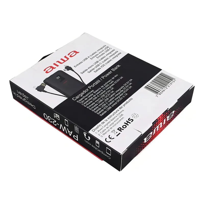 Cargador Portátil Aiwa 10.000 Usb 4 En 1 Universal Paw-230 Color Negro