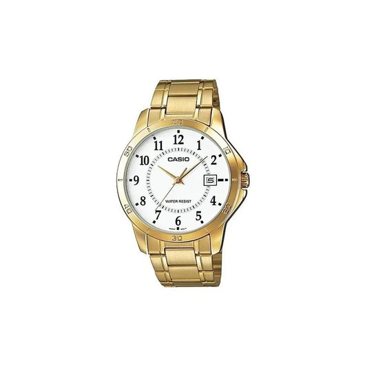 Reloj De Pulsera Casio Enticer Mtp-v004 De Cuerpo Color Dorado, Analógico, Para Hombre, Fondo Blanco, Con Correa De Acero Inoxidable Color Dorado, Agujas Color Dorado, Dial Negro, Minutero/segundero N
