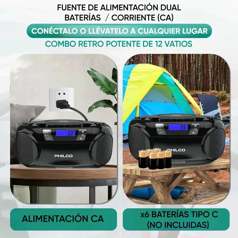 Boombox Cd Bluetooth Y Casete 12w Color Negro