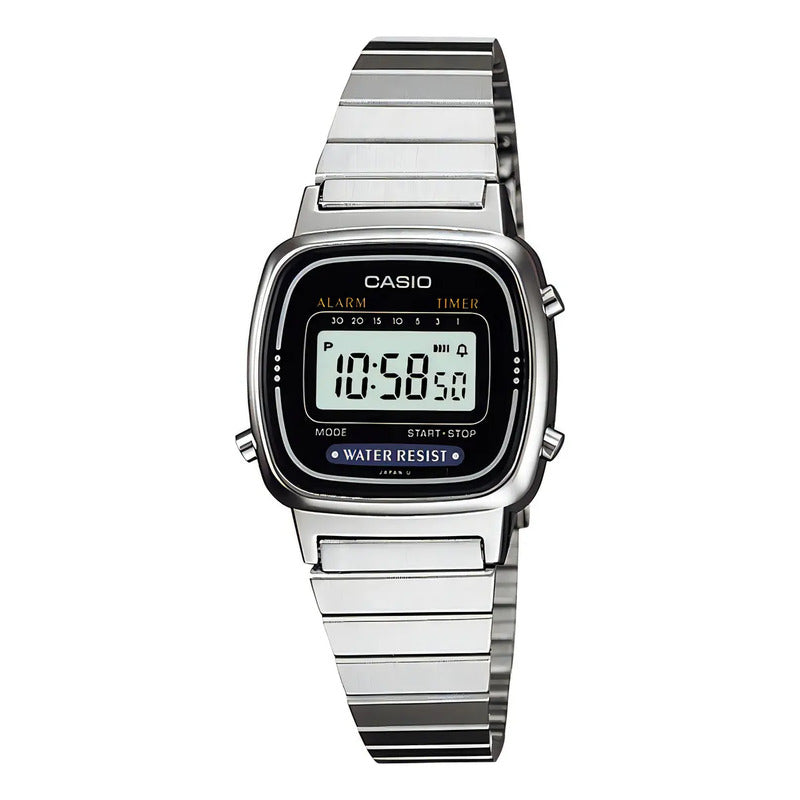 Reloj Casio La-670wd-1d Digital Para Mujer, Con Correa De Acero Inoxidable Plateado Negro