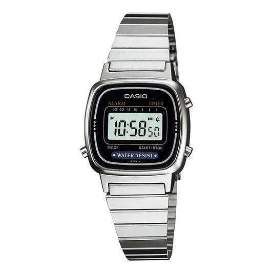 Reloj Casio La-670wd-1d Digital Para Mujer, Con Correa De Acero Inoxidable Plateado Negro