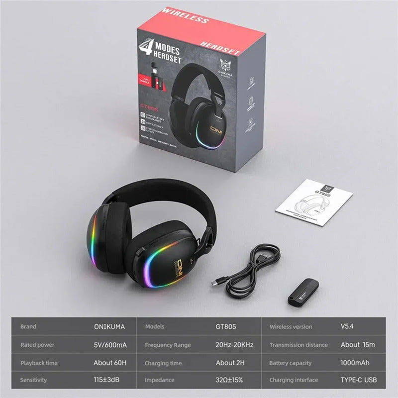 Auriculares Gaming Gt805 Inalámbricos ,4 Modos 2 En 1 Dongle Negro