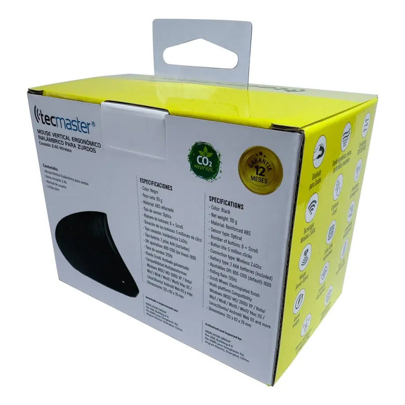 Mouse Vertical Ergonómico Inalámbrico Zurdo Tecmaster 1600 Dpi Negro