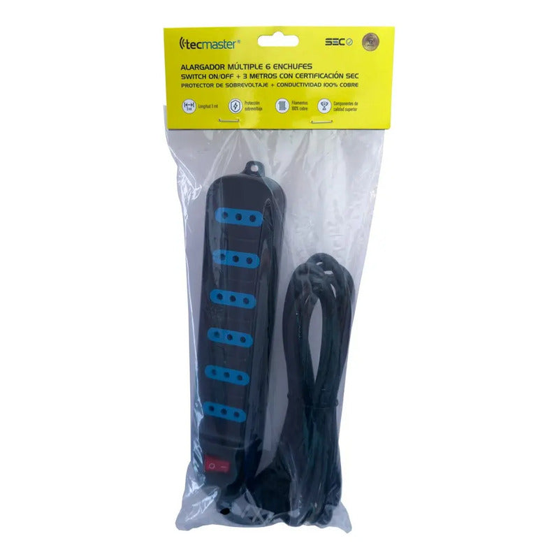 Alargador Eléctrico 6pos 3mt Switch Tm-800100bk Tecmaster Negro