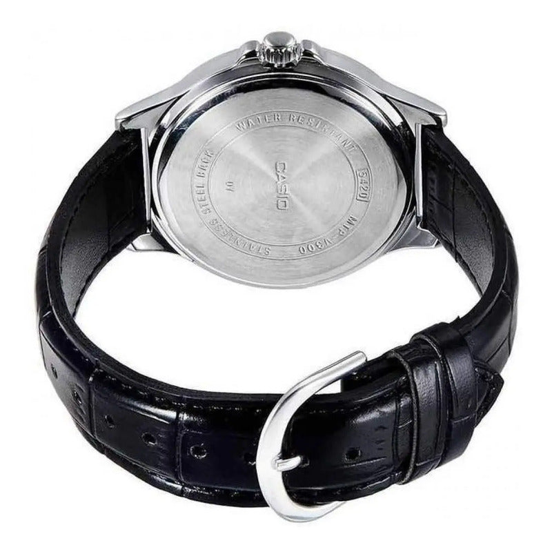 Reloj Pulsera Casio Mtp-v002l-1bu Con Correa De Cuero Color Negro - Bisel Plateado