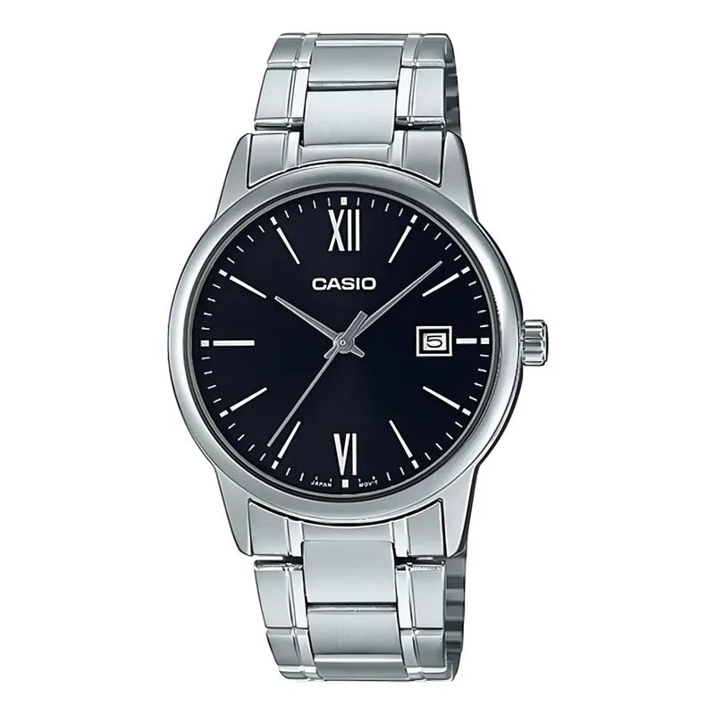 Reloj Pulsera Casio Mtp-v002d-1b3ud Con Correa De Acero Inoxidable Color Gris - Fondo Negro