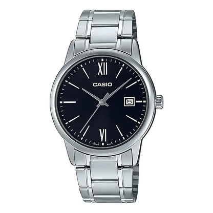 Reloj Pulsera Casio Mtp-v002d-1b3ud Con Correa De Acero Inoxidable Color Gris - Fondo Negro
