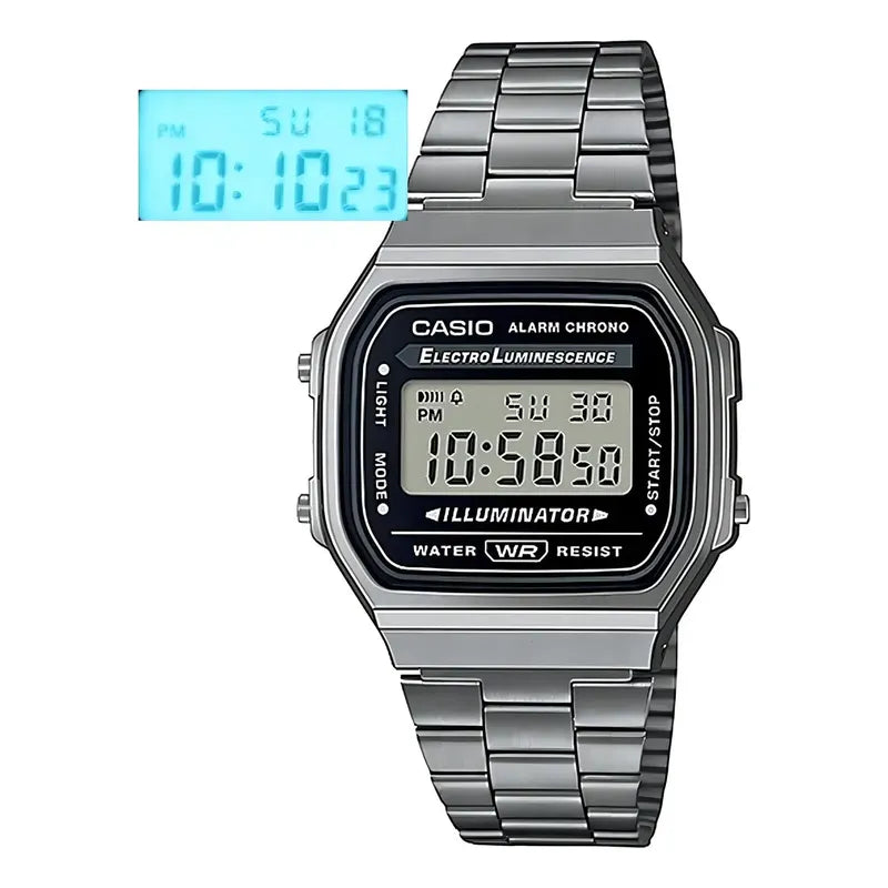 Reloj Pulsera Digital Casio A-168wgg-1b Con Correa De Acero Inoxidable Color Plateado - Fondo Negro