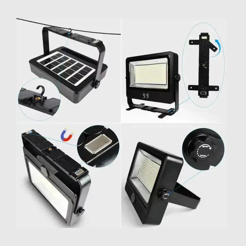 Reflector Led Solar Recargable Portable 200w Multifuncional Negro Blanco