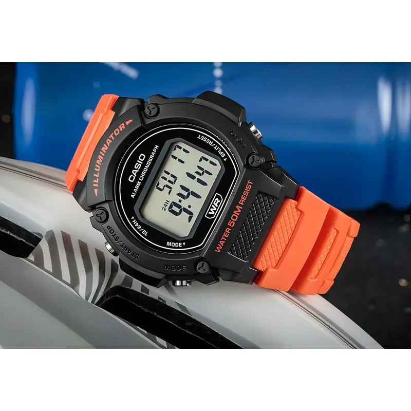 Reloj Casio W-219h-4a Naranja Wr 50m Cronometro Alarma Sumergible Negro