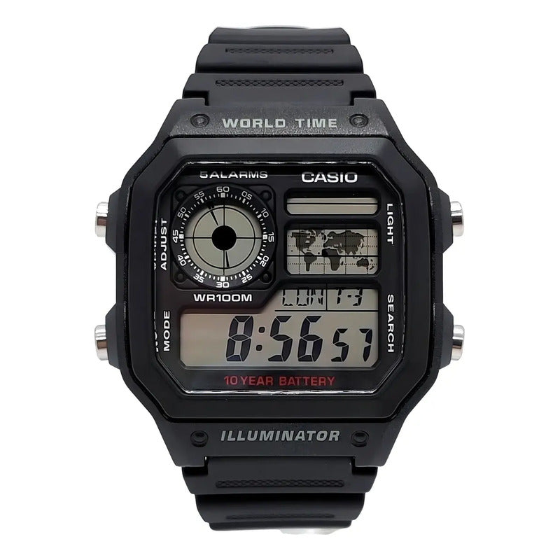 Reloj Pulsera Digital Casio Ae-1200wh-1a Con Correa De Resina Color Negro - Fondo Gris