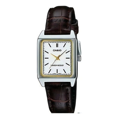 Reloj Casio Dama Modelo Ltp-v007l-7e2 Piel Café Carátula Blanca Plateado Blanco