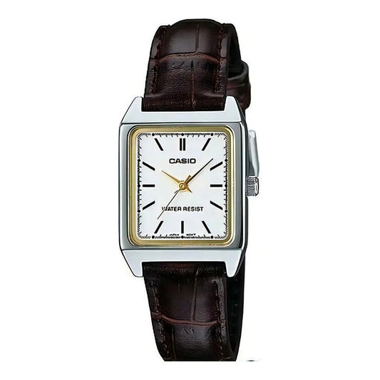 Reloj Casio Dama Modelo Ltp-v007l-7e2 Piel Café Carátula Blanca Plateado Blanco