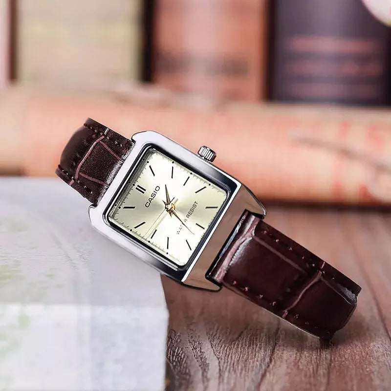 Reloj Casio Tank Ltp-v007l-9e Mujer - Análogo Marrón Oscuro Plateado Blanco