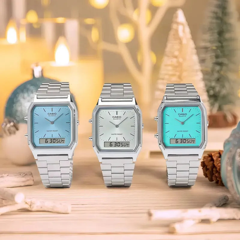 Reloj Casio Vintage Digital De Cuarzo Con Cronógrafo Y Malla De Acero Inoxidable Plateado Celeste