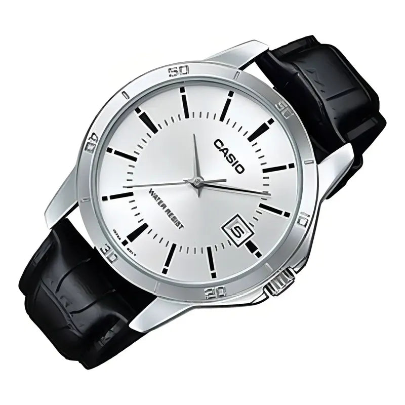 Reloj Pulsera Casio Mtp-v004l-7a Con Correa De Cuero Color Negro - Fondo Blanco - Bisel Plata