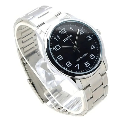 Reloj Pulsera Casio Mtp-v001d-1budf Con Correa De Acero Inoxidable Color Plateado - Fondo Negro