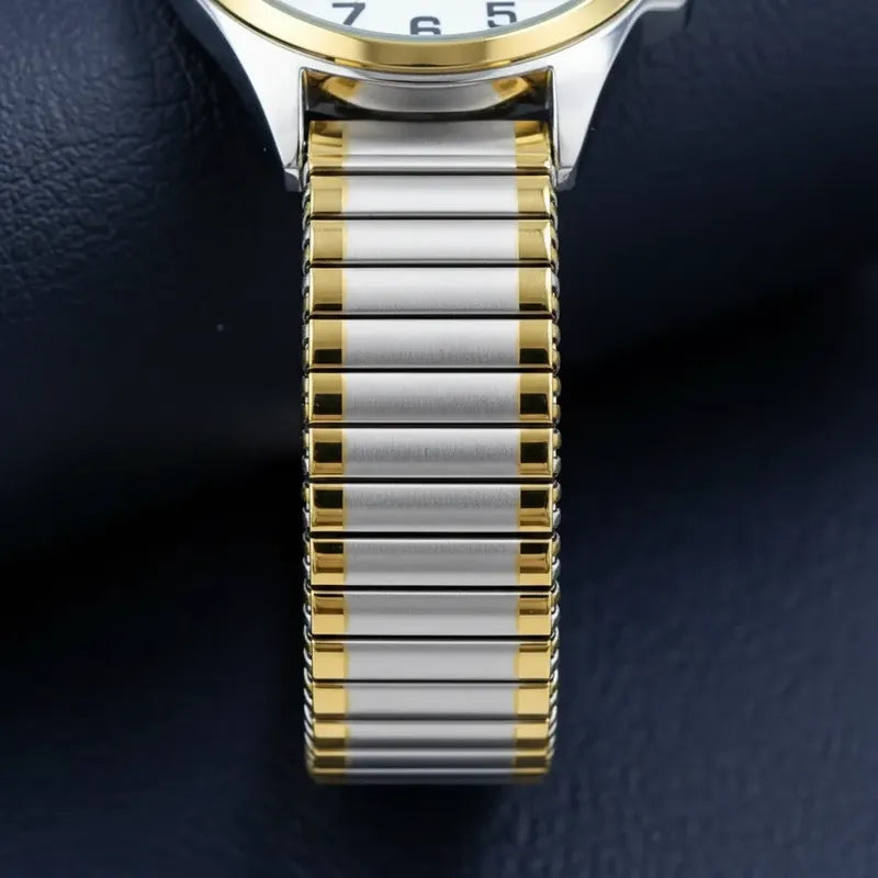 Reloj Qyq Mujer Metalico Bi Color Pulsera Elasticada Bicolor Dorado Blanco